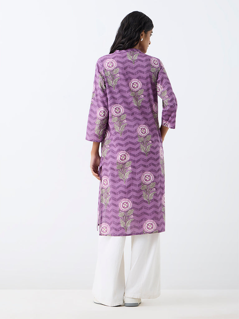 Utsa Purple Floral Printed Cotton Straight Kurta