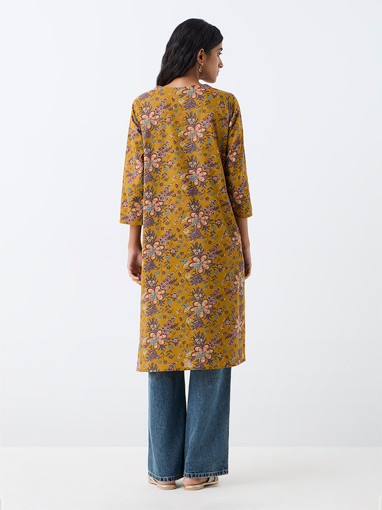 Utsa Mustard Floral Printed Cotton Straight Kurta