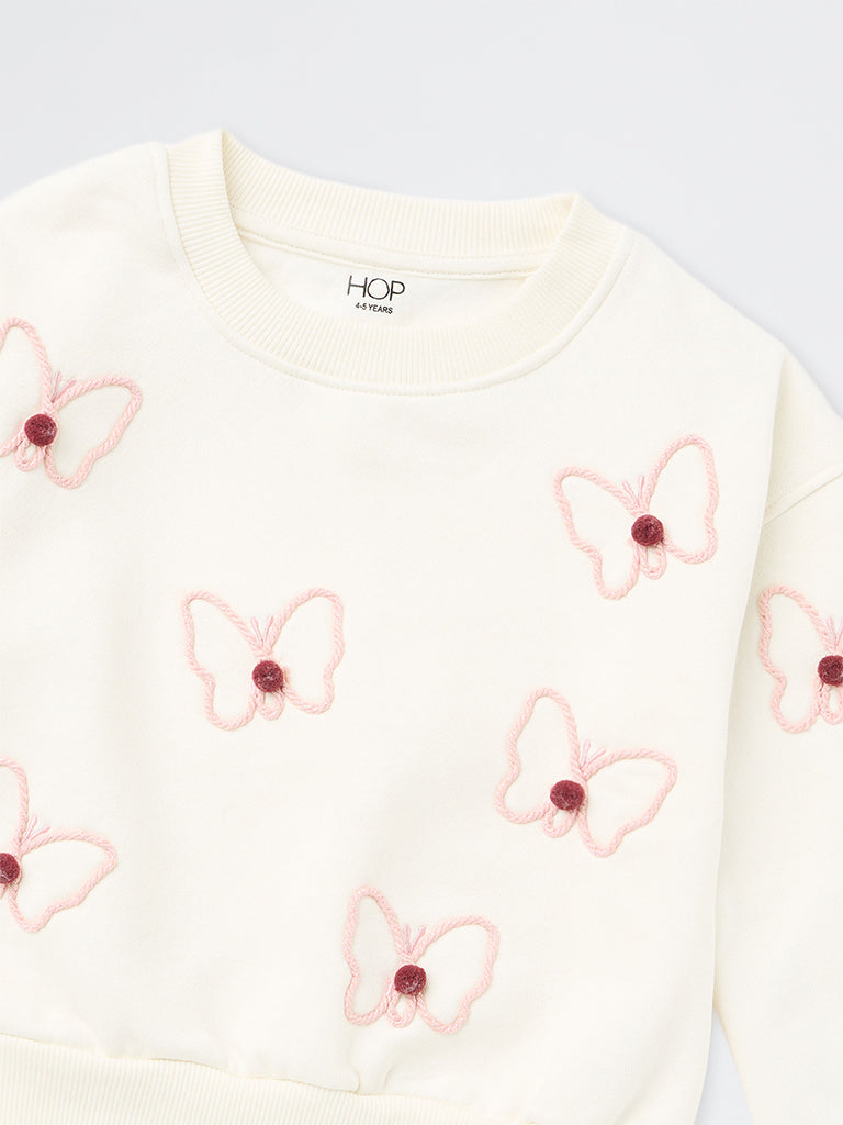 HOP Kids Girls Off-White Butterfly Embroidered Cotton-Blend Sweatshirt