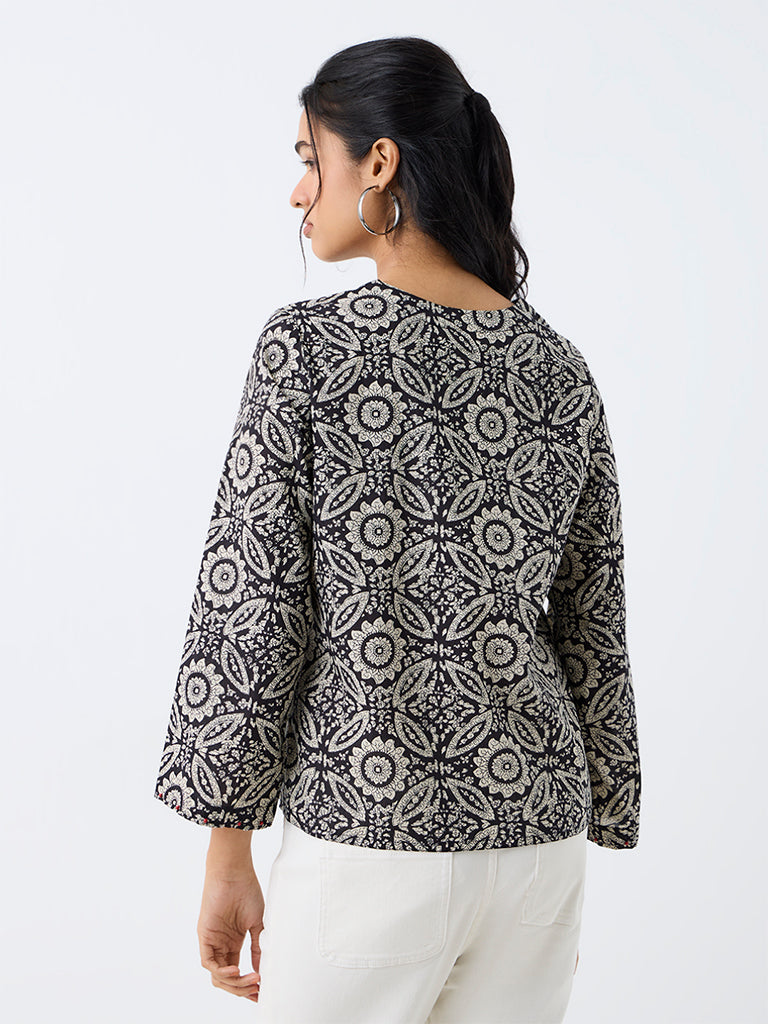 Utsa Black Floral Printed Cotton Tunic