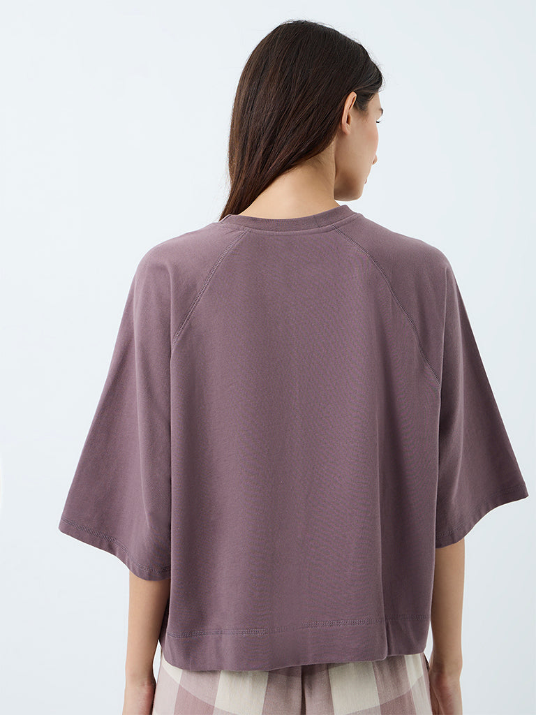 Wunderlove Dark Mauve Text Embroidered Cotton T-Shirt and Pants Set
