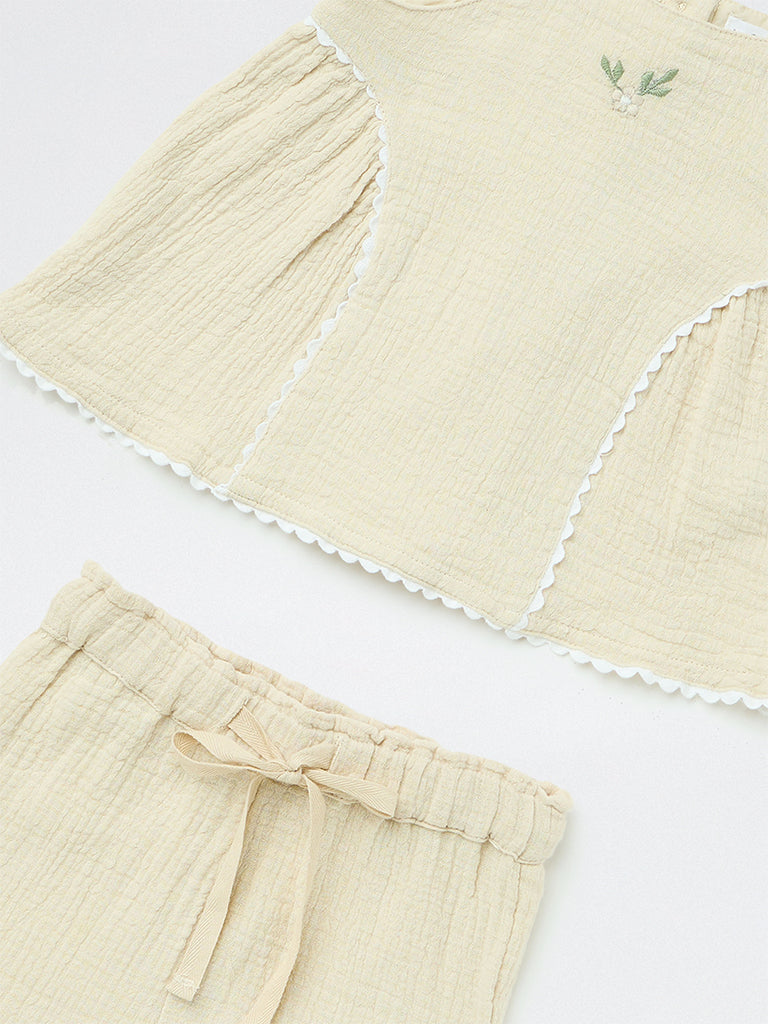 HOP Baby Girls Light Beige Crinkle-Textured Cotton Top and Pant Set