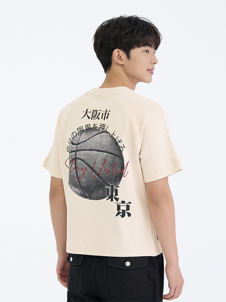 Boys Cream Graphic Printed Cotton T-Shirt