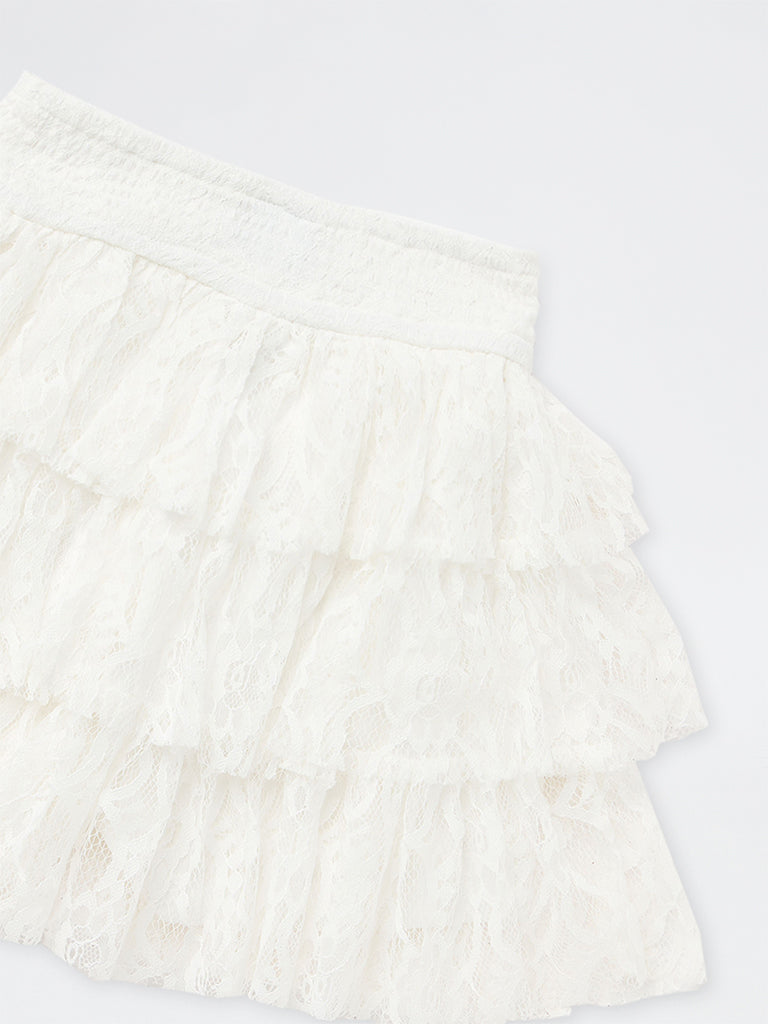 Girls White Lace Detailed Tiered High-Rise Skirt
