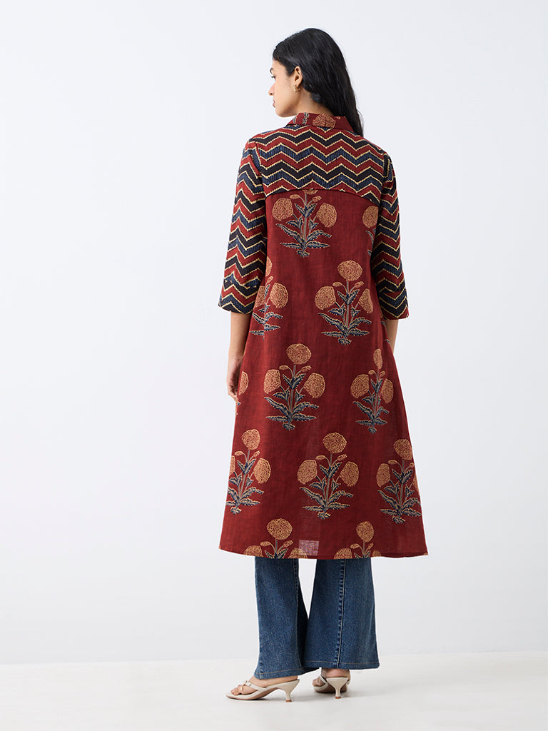 Utsa Dark Rust Floral Printed Cotton A-Line Kurta