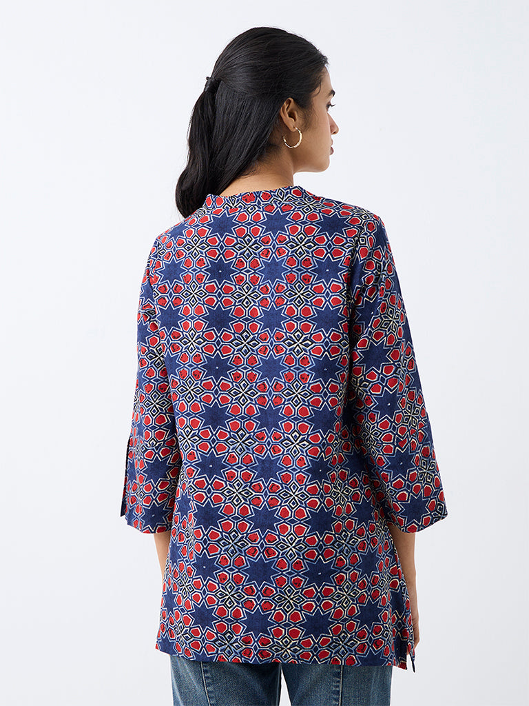 Utsa Dark Blue Printed Cotton-Blend Tunic