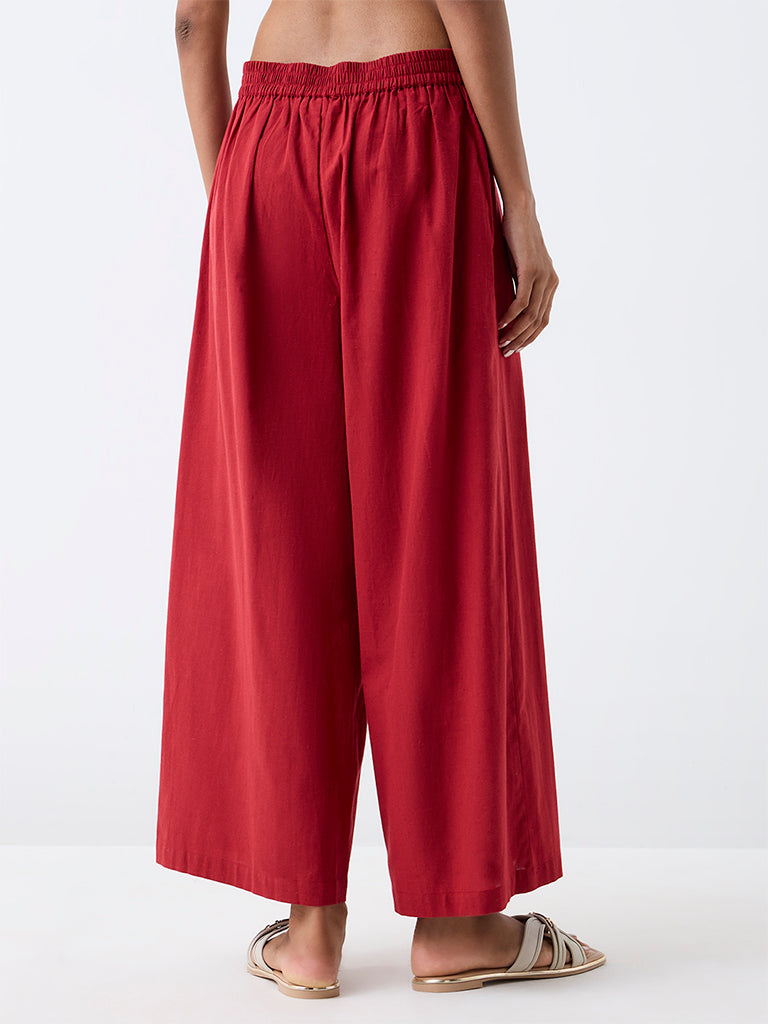 Utsa Red Solid Cotton-Blend Palazzos