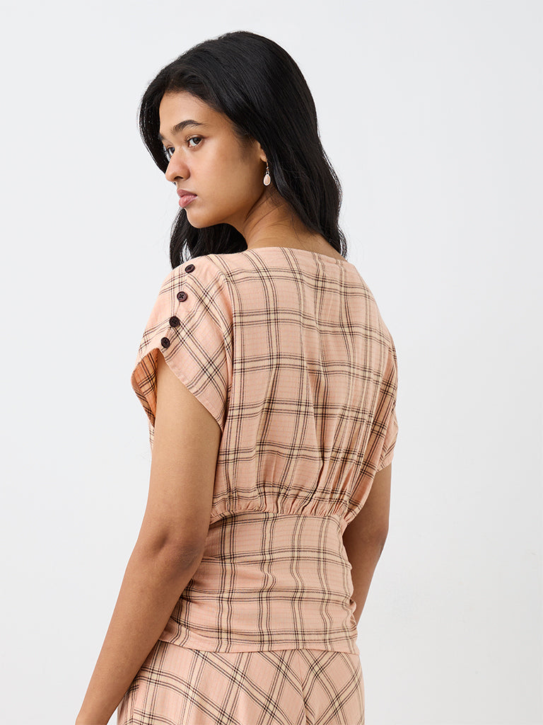 LOV Peach Plaid Checkered Top