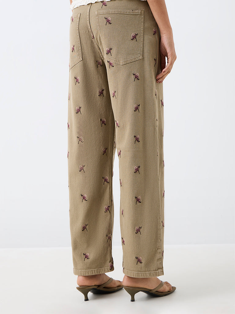 LOV Khaki High-Waist Jeans with Floral Embroidery