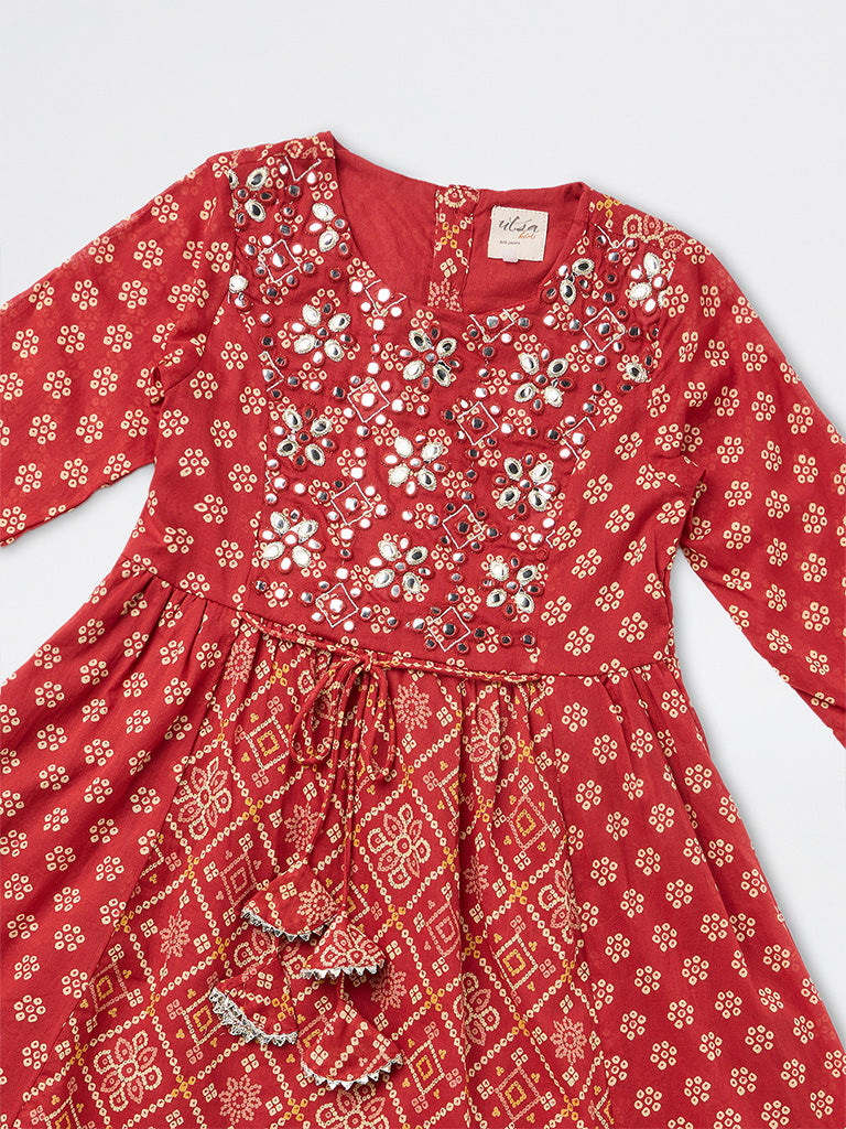 Utsa Kids Girls Red Floral Bandhani Cotton A-Line Dress (8-14 years)