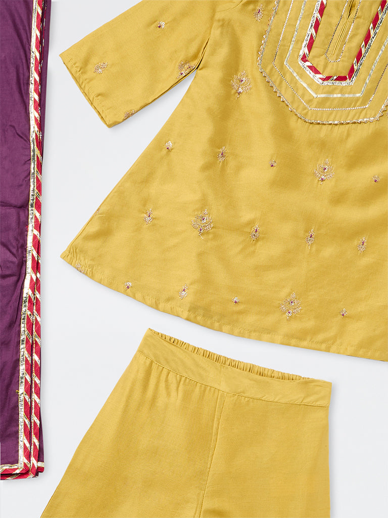 Utsa Kids Girls Yellow Zari Embroidered Kurta with Ethnic Pants Set - (8-14 yrs)