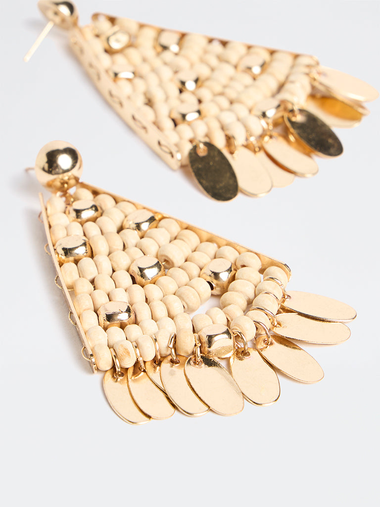 Westside Accessories Gold and Beige Beaded Dangler Earrings