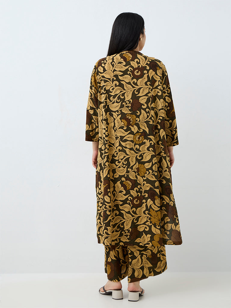 Diza Dark Olive Floral Printed Straight Kurta