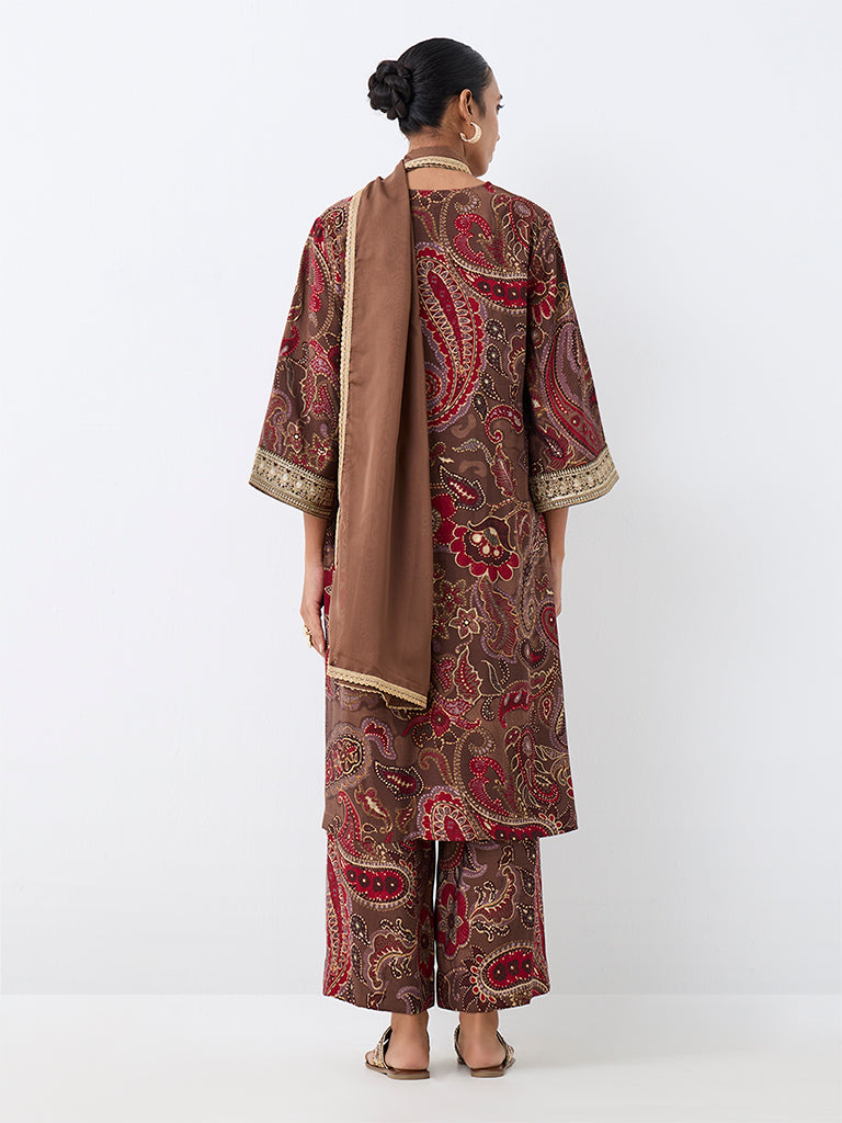 Vark Brown Paisley Printed A-Line Ethnic Set