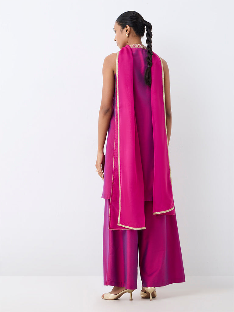 Vark Magenta Floral Embroidered A-Line Ethnic Set