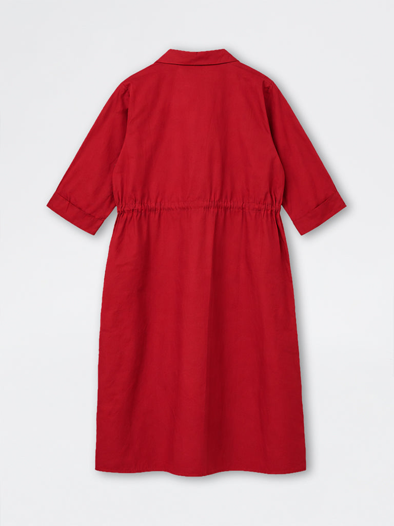 Gia Red Solid Cotton Shirt Dress