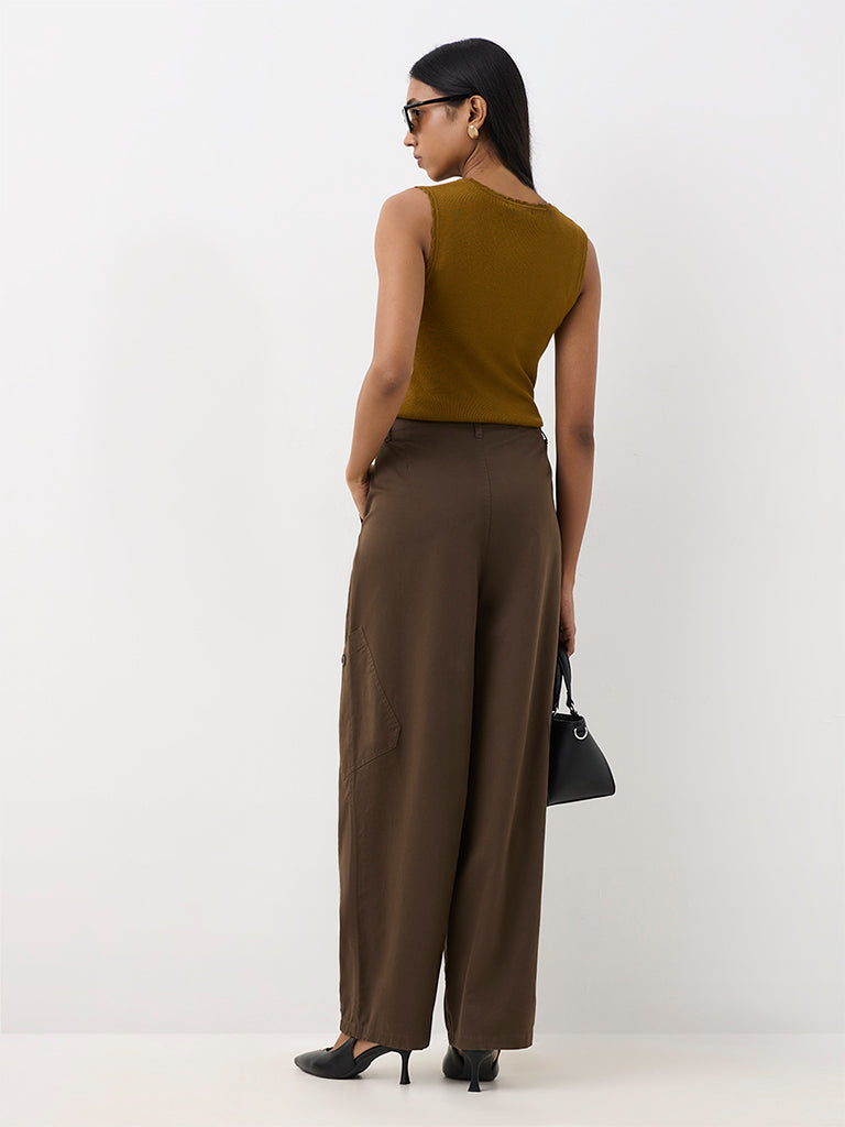 Wardrobe Brown Barrel-Fit Cargo-Style High-Rise Cotton Trousers