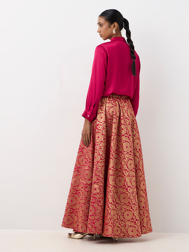 Vark Fuchsia Satin Shirt and Brocade Skirt Set