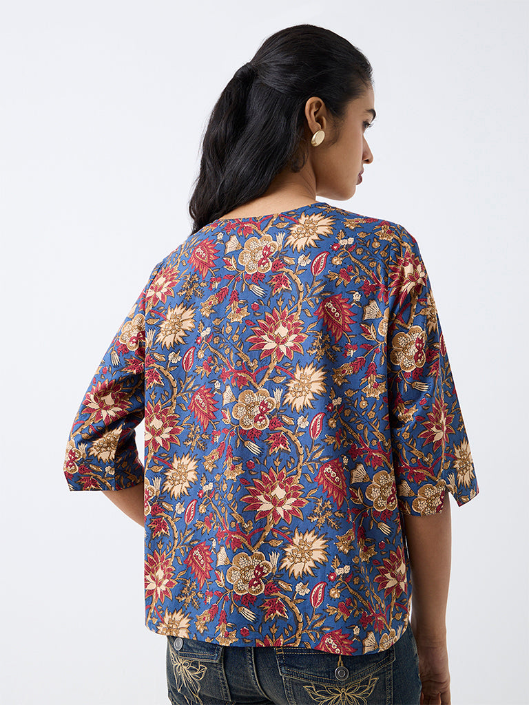 Utsa Blue Floral Printed Cotton Top