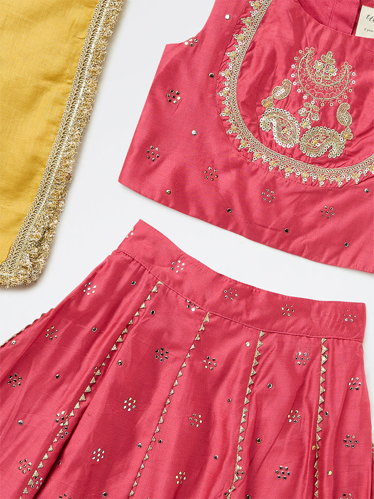 Utsa Kids Pink Floral Embroidered Top with Skirt and Dupatta Set -(2-8 yrs)