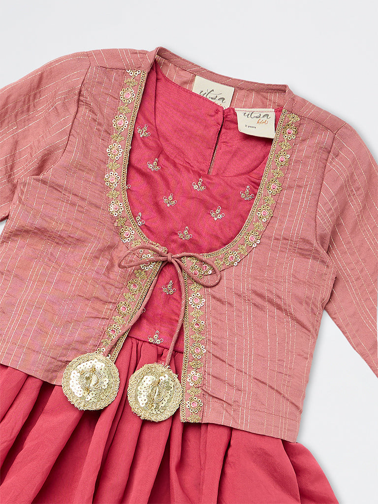 Utsa Kids Girls Pink Floral Embroidered A-Line Dress with Jacket - (2-8 yrs)