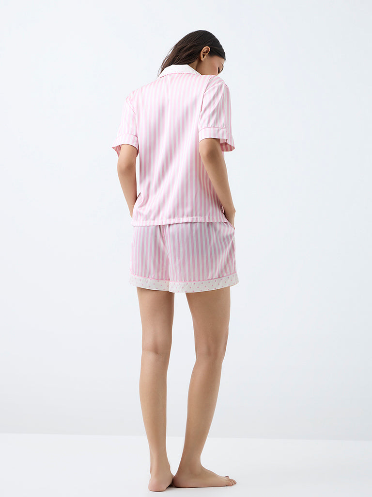 Wunderlove Pink Striped Satin Shirt and Shorts Set