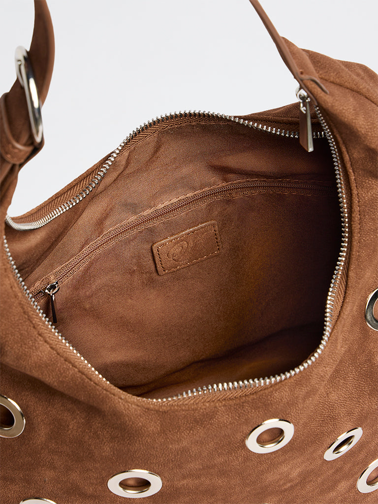 Westside Brown Eyelet-Detail Suede Shoulder Bag