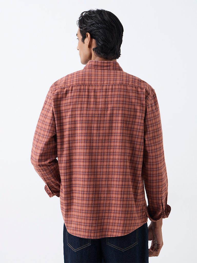 WES Casuals Rust Checkered Relaxed-Fit Cotton Shirt
