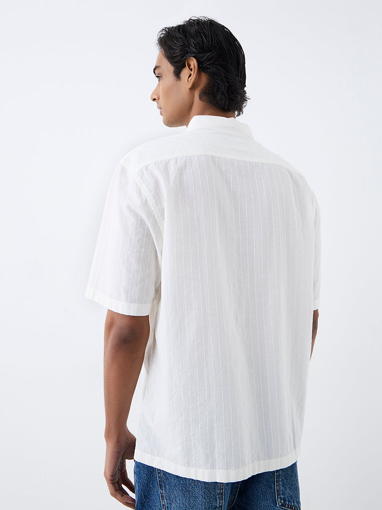 WES Casuals Off-White Striped Relaxed-Fit Cotton Shirt