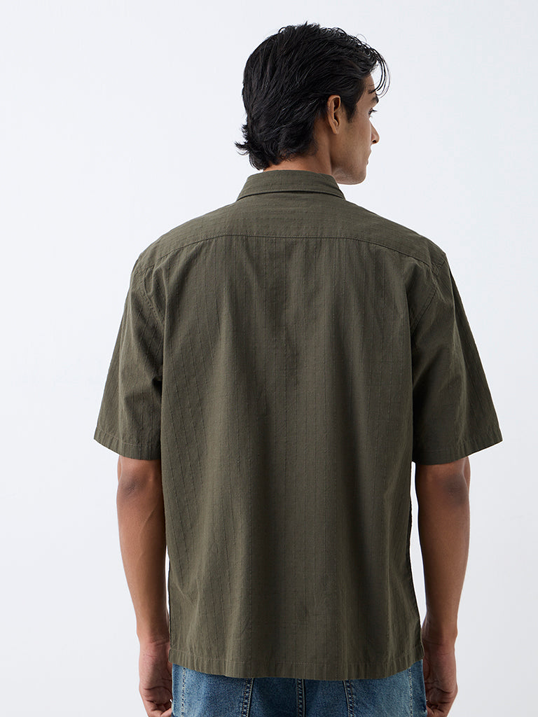 WES Casuals Dark Olive Striped Relaxed-Fit Cotton Shirt