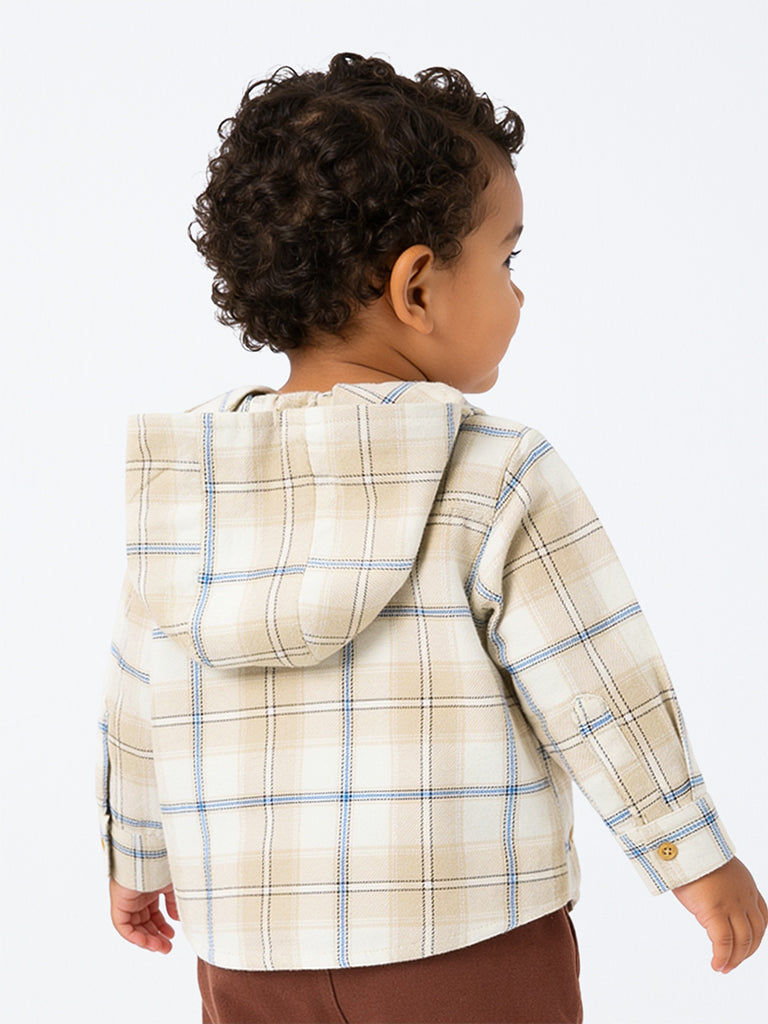 HOP Baby Boys Beige Checkered Cotton Hooded Shirt