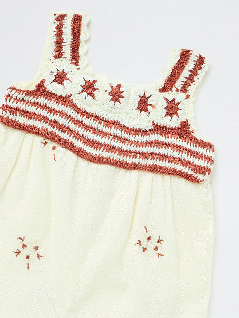 HOP Baby Girls Off-White Floral Embroidered Romper