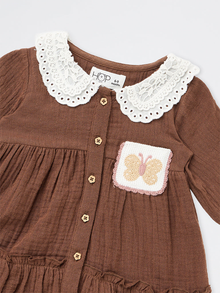 HOP Baby Girls Dark Brown Butterfly-Detail A-Line Cotton Dress