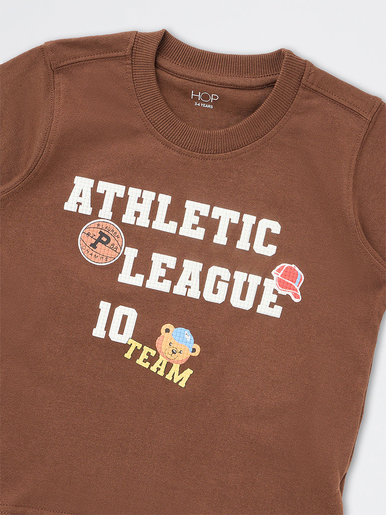 HOP Kids Boys Dark Brown Text Design Cotton T-Shirt