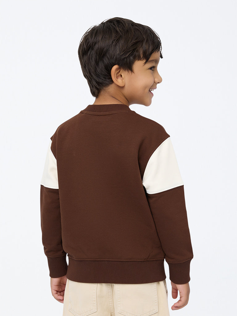 HOP Kids Boys Dark Brown Animal Embroidered Cotton Sweatshirt