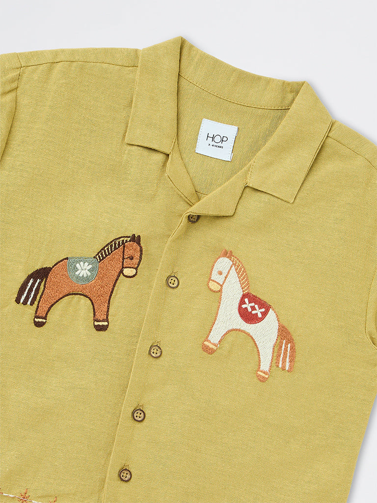 HOP Kids Boys Mustard Animal Embroidered Shirt