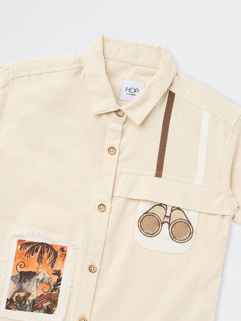 HOP Kids Boys Cream Safari-Theme Cotton Shirt