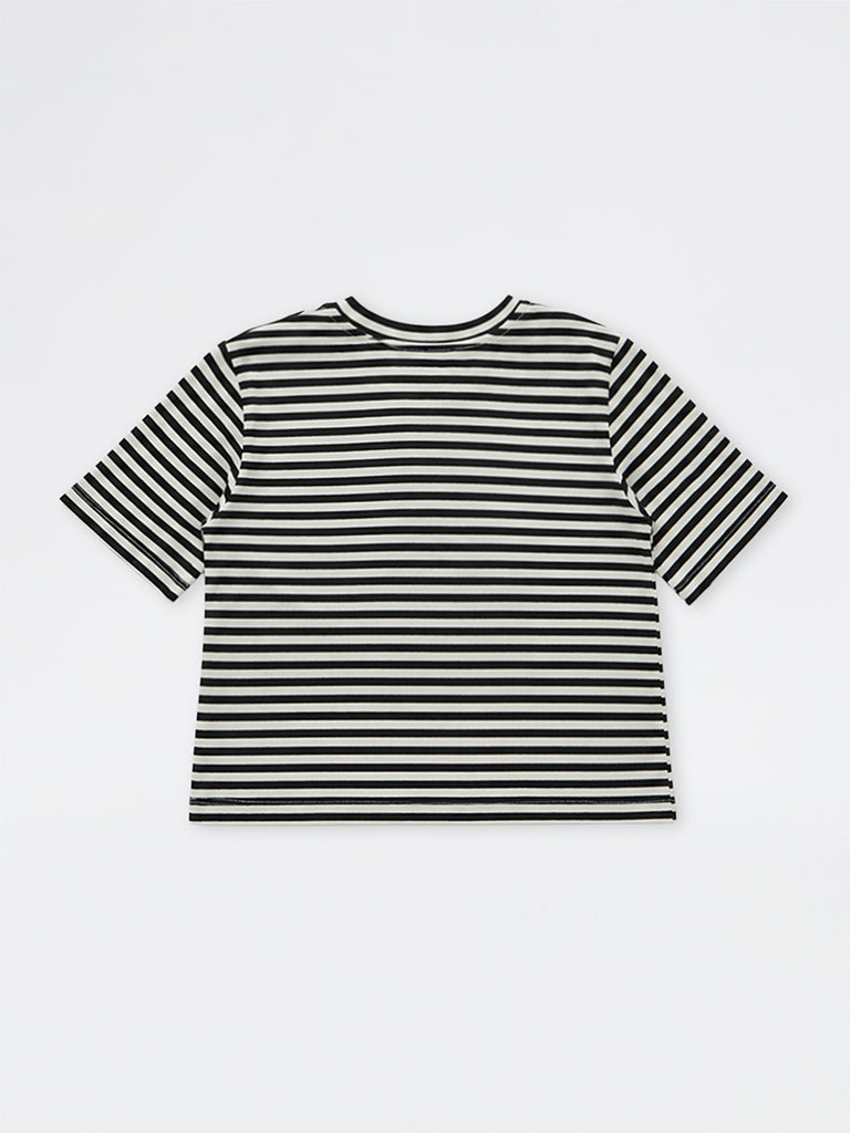 HOP Kids Girls Black Striped Cotton T-Shirt