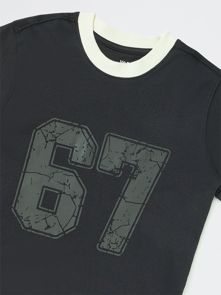 Boys Black Numerical Printed Cotton T-Shirt