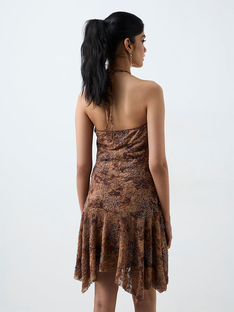 Nuon Brown Floral Embellished Party Dress