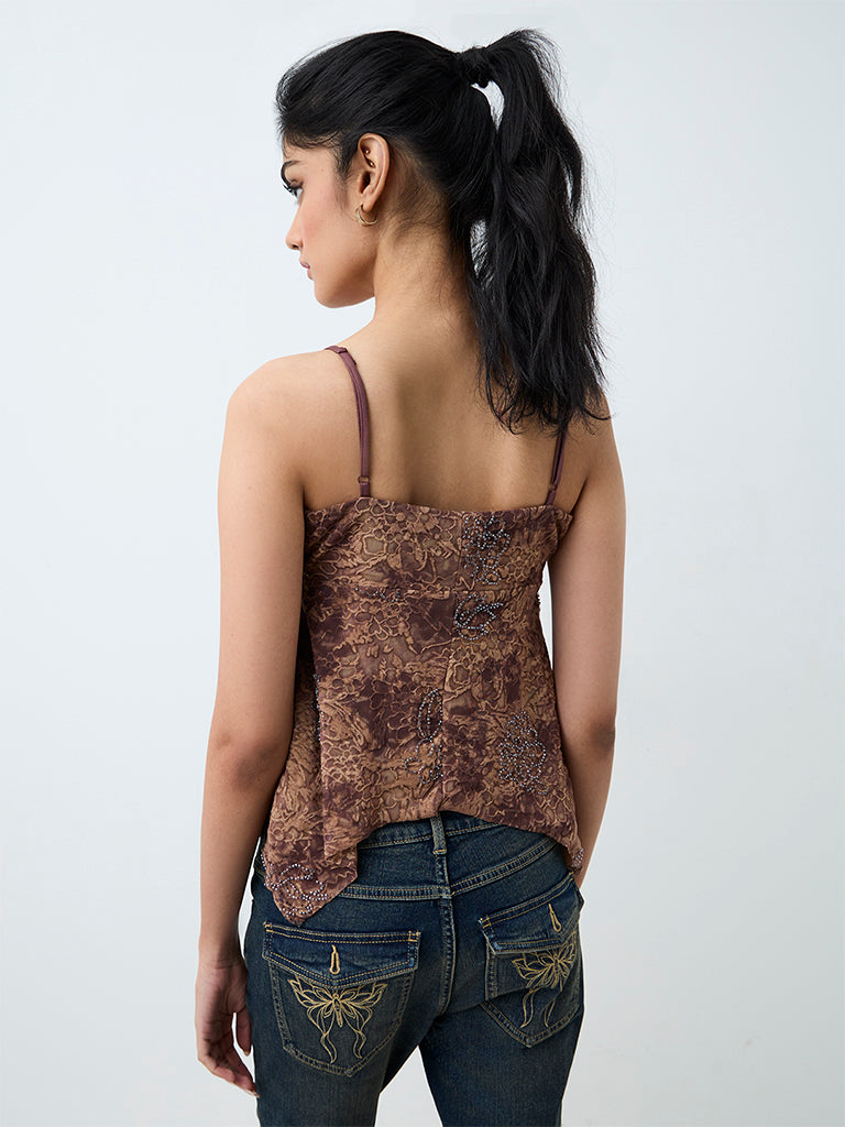 Nuon Brown Floral Embellished Asymmetrical Top