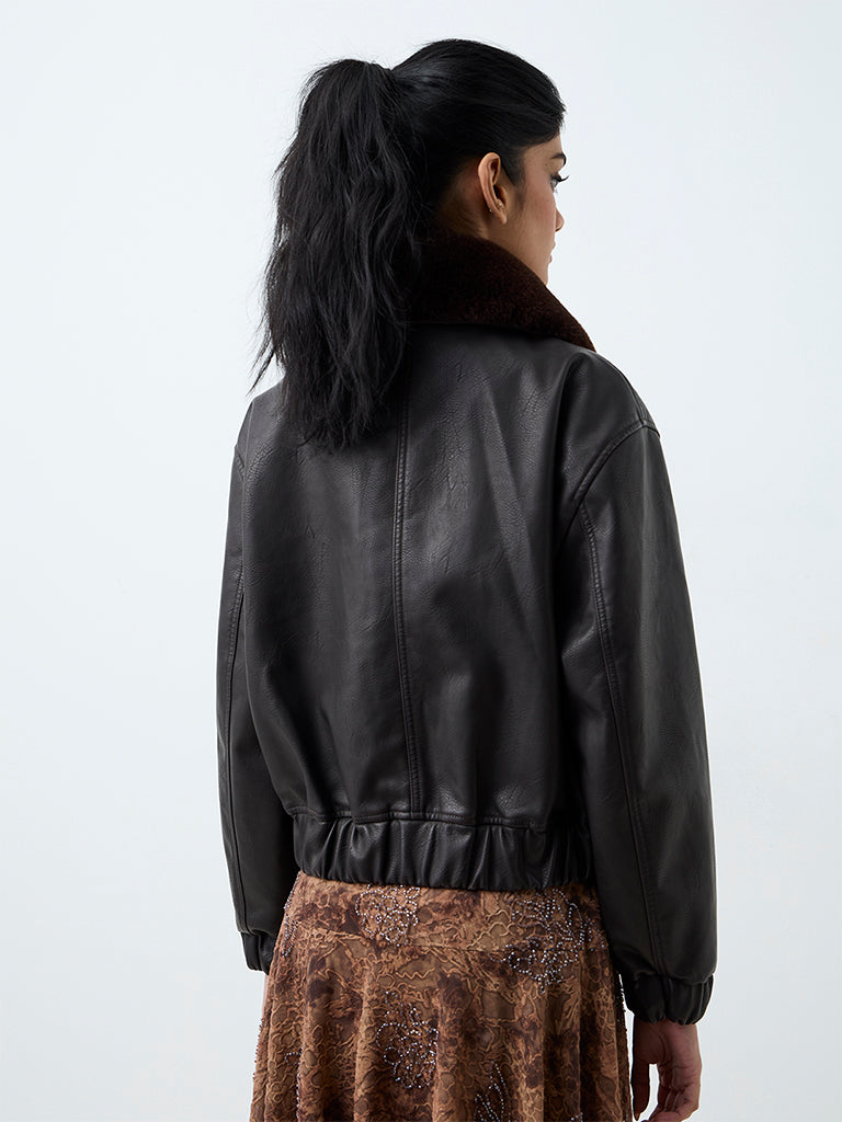 Nuon Dark Brown Fur-Collar Faux Leather Jacket