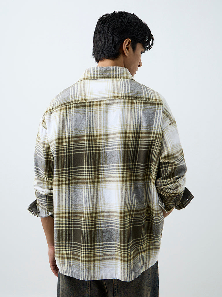 Nuon Green Checkered Printed Relaxed-Fit Cotton Shirt