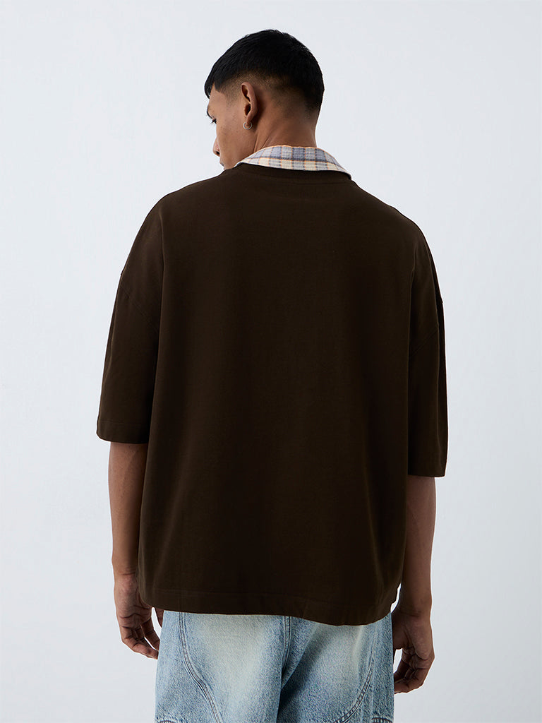 Nuon Dark Brown Solid Relaxed-Fit Cotton T-Shirt