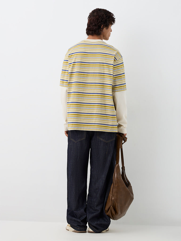 Nuon Light Mustard Striped Oversized-Fit Cotton T-Shirt
