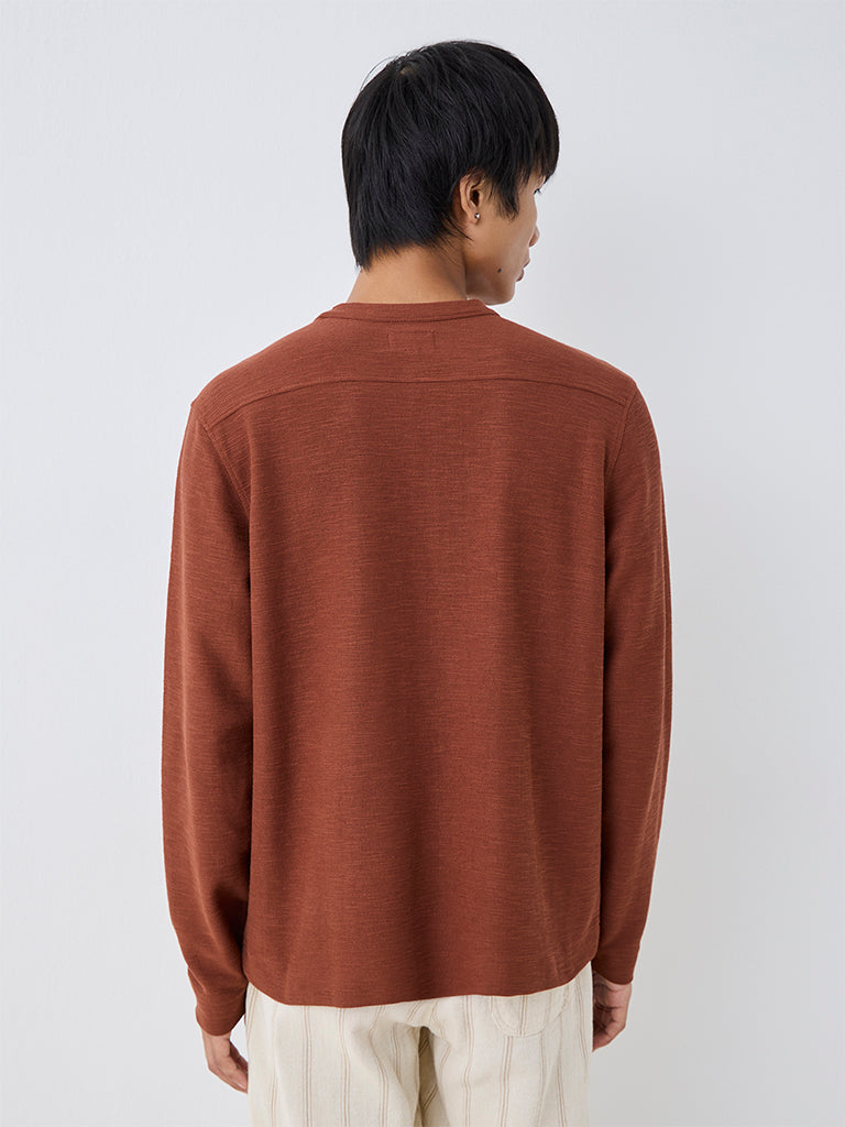 ETA Rust Textured Relaxed-Fit Henley Cotton-Blend T-Shirt