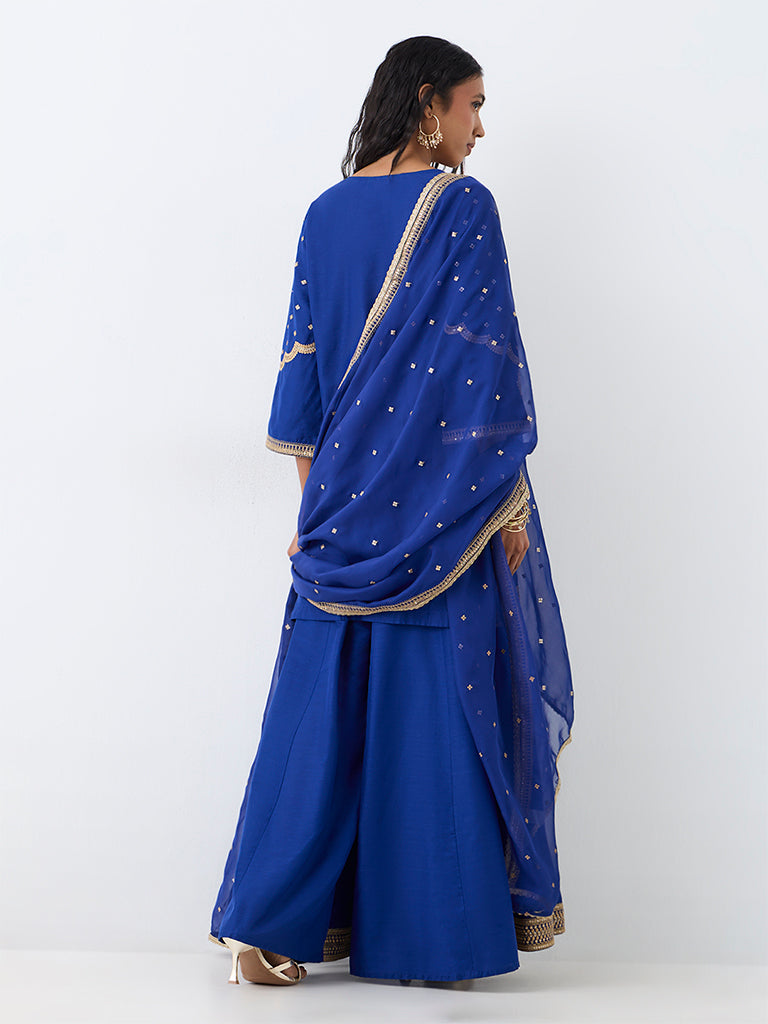 Vark Blue Floral Embellished A-Line Kurta and Flared Palazzos Set