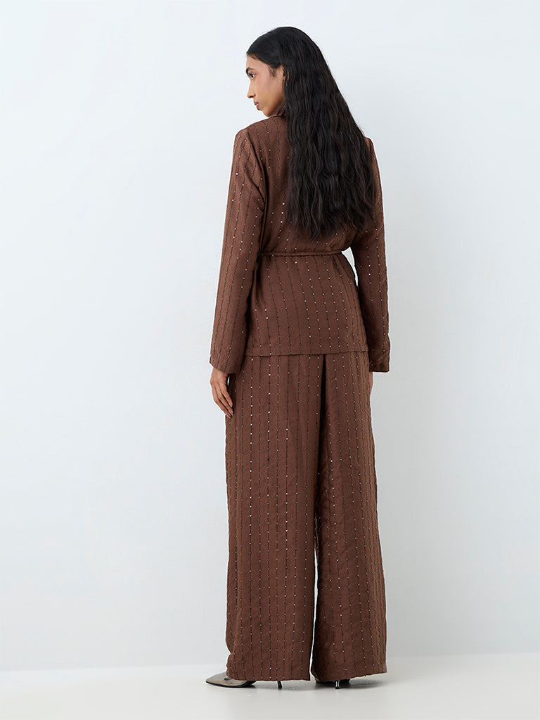 Wardrobe Dark Brown Sequin Embellished High-Rise Pants
