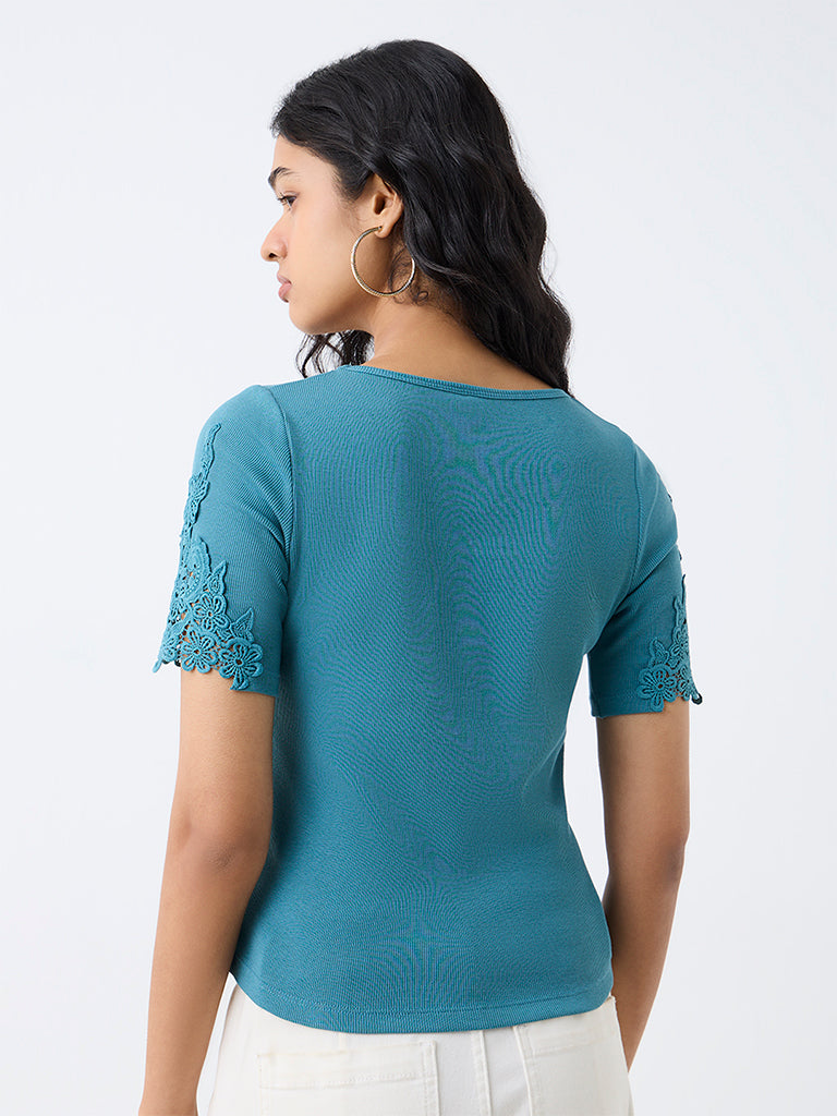 LOV Teal Lace-Detailed Cotton Top