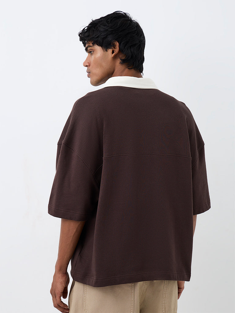 Nuon Brown Text Design Oversized-Fit Cotton Polo T-Shirt